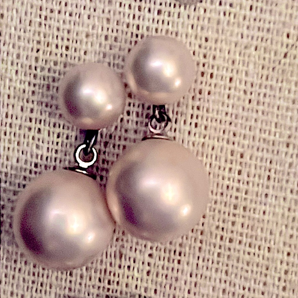 Light pink drop statement pearl earrings; lightweight studs